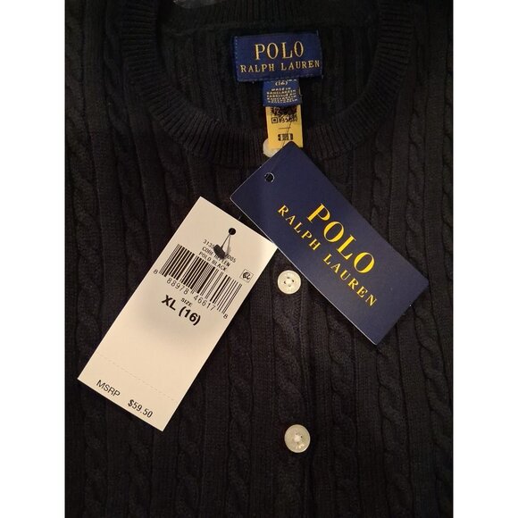 NEW Polo Ralph Lauren Girls Mini Cable Knit Cardigan Black Size Large XL 16 - Picture 2 of 2